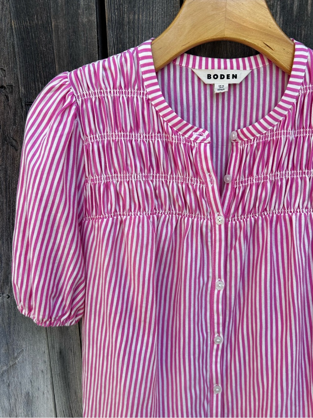 Boden Mya Short Sleeve Smocked Shirt Cotton Tencel Pink Punch Ivory Stripe 6 - Picture 5 of 16